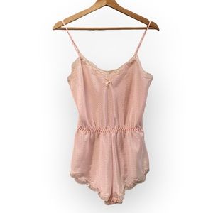 Vintage Silky Lingerie Teddy Romper | Lace Trimmed | Delicate Pink | Romantic
